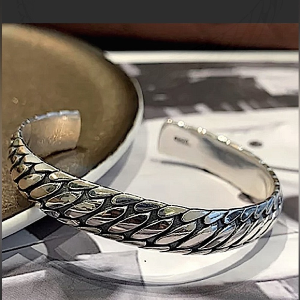 Sterling Silver Chain Design Engraved Cuff Bangle Bracelet